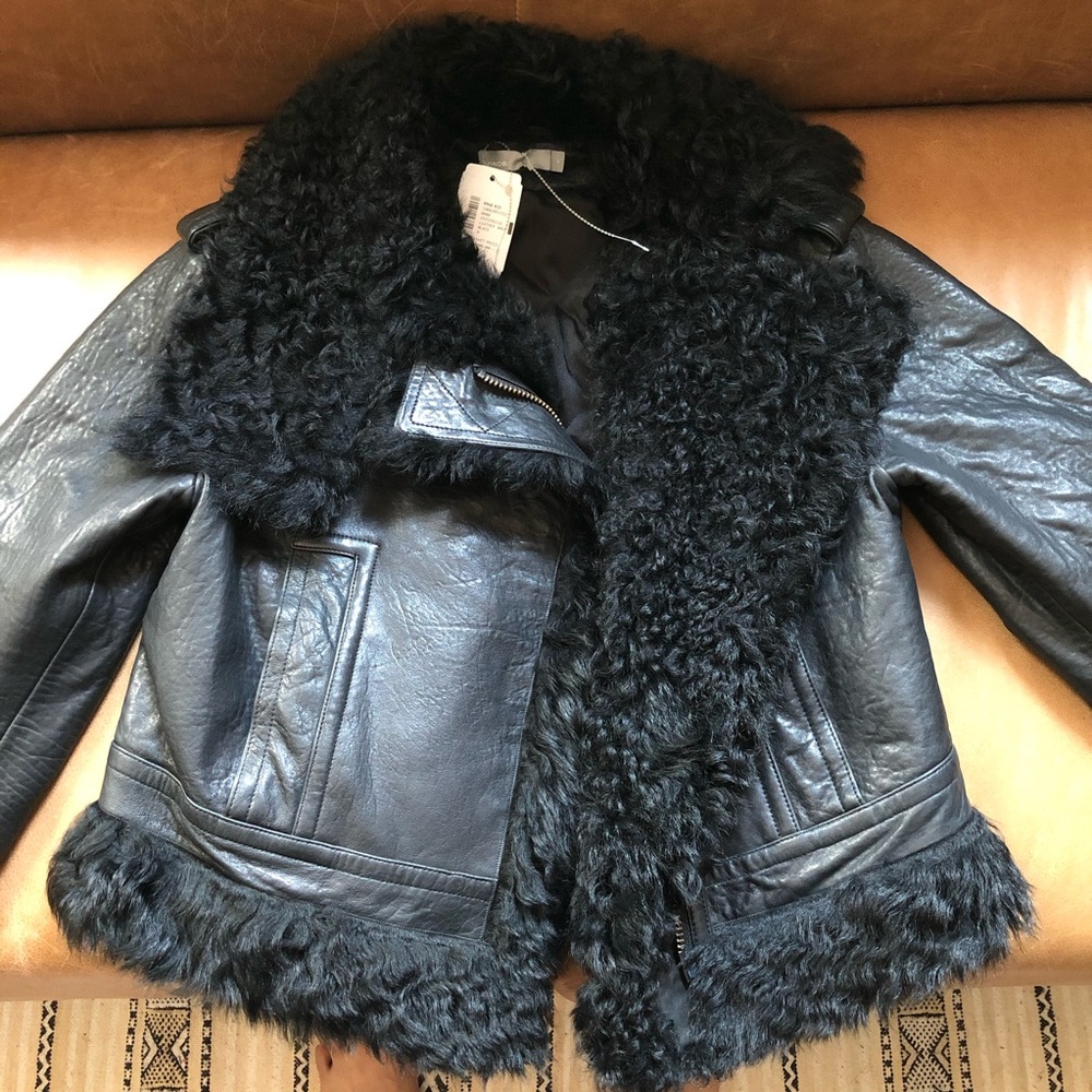 Vince Leather Black Shearling fur Moto Jacket Fall Winter quiet luxury NWT - Picture 8 of 15